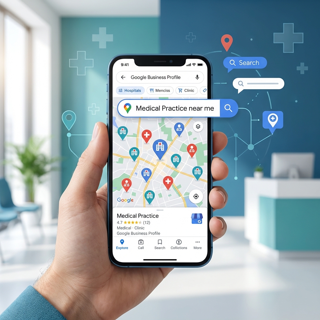 Google Business Profile optimization for medical practices showing smartphone with Google Maps displaying local healthcare providers